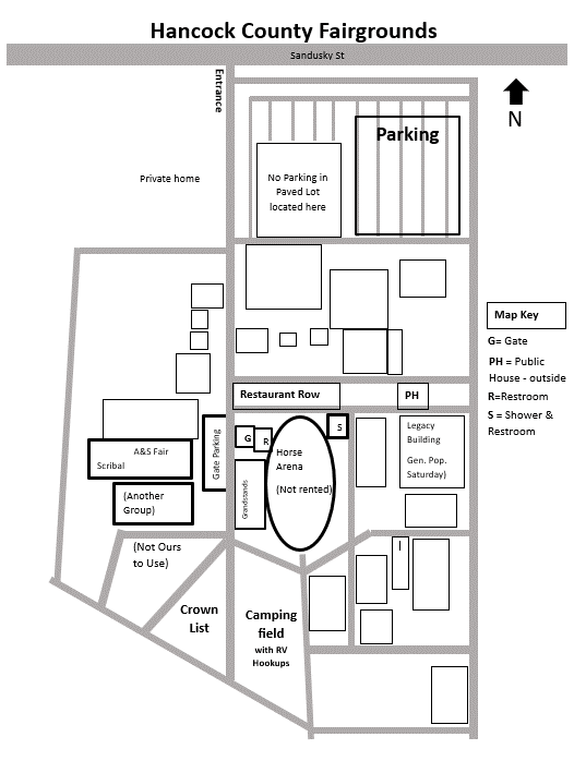 A line drawing map of the Hancock County Fairgrounds for Kingdom A&S / Crown